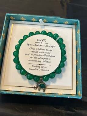 Shivam Green Onyx Bead Stretch Bracelet with Elephant Charm and Sterling Silver
